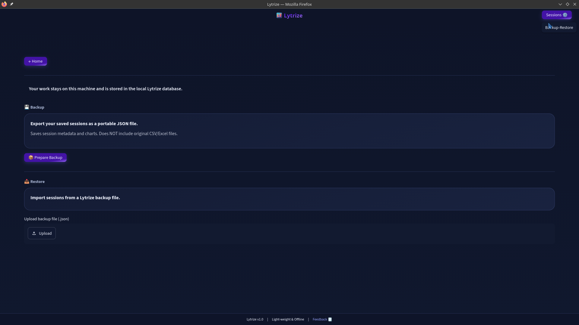 Lytrize backup and restore settings